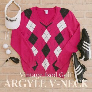 Izod Golf Vintage Argyle Sweater Pink 100% Cotton Long Sleeve Sporty Women Large